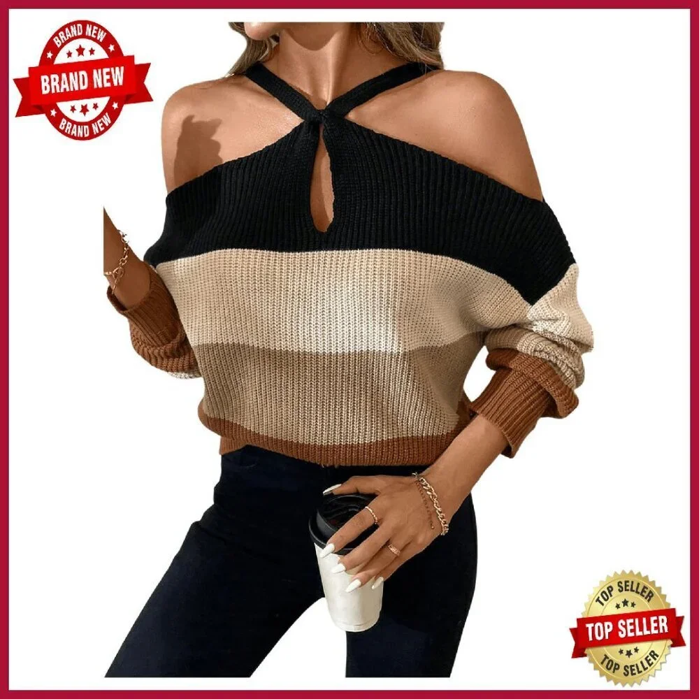 Women's Cold Shoulder Pullover Sweater Color Block Knit Top Long Sleeve